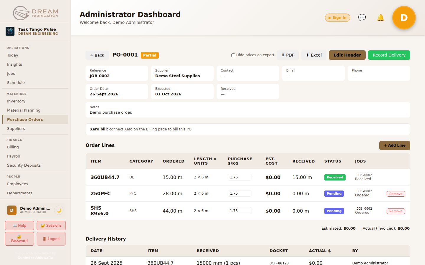 Pulse purchase order with order lines and delivery history