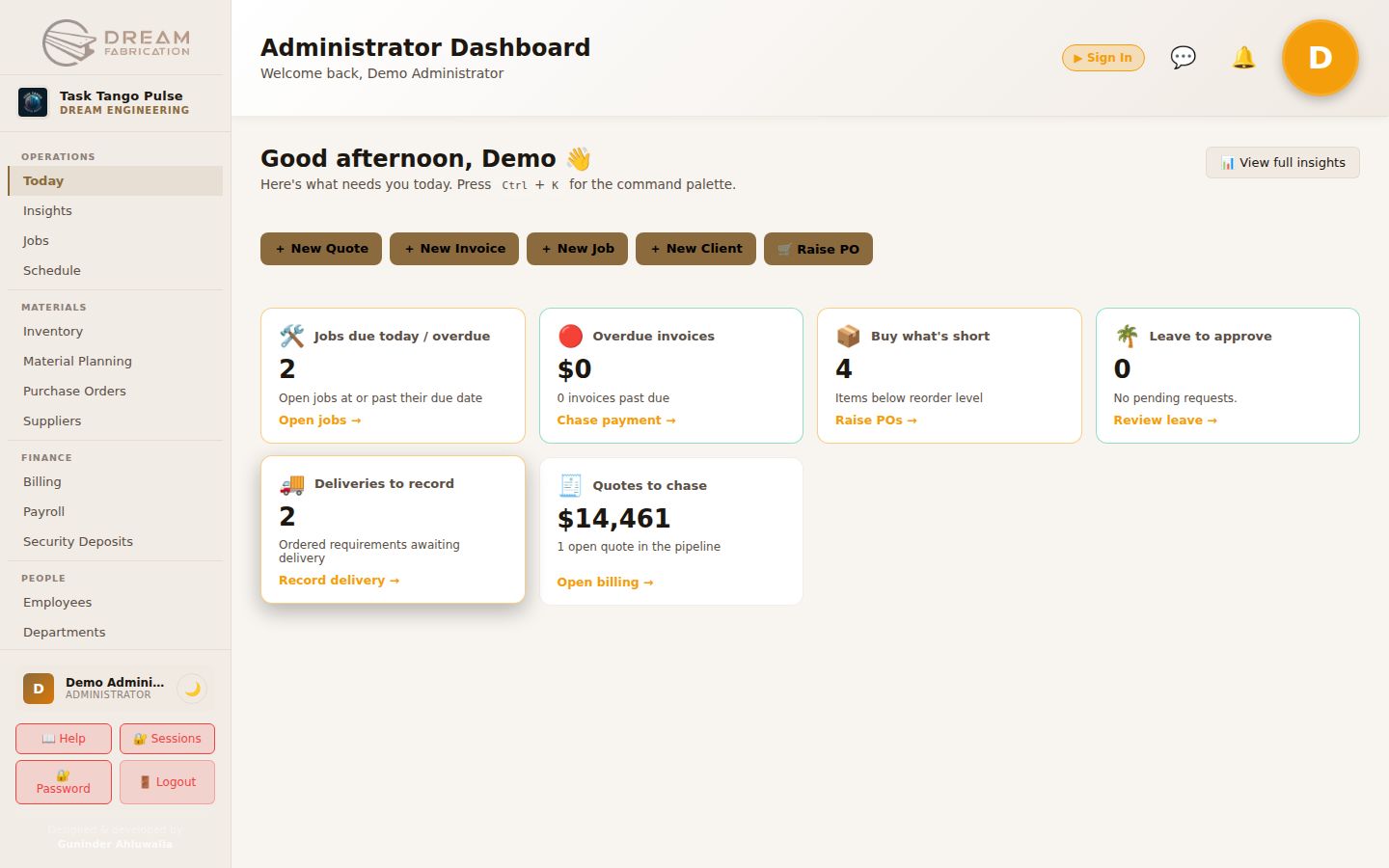 Pulse administrator dashboard with jobs, invoices, low stock and deliveries